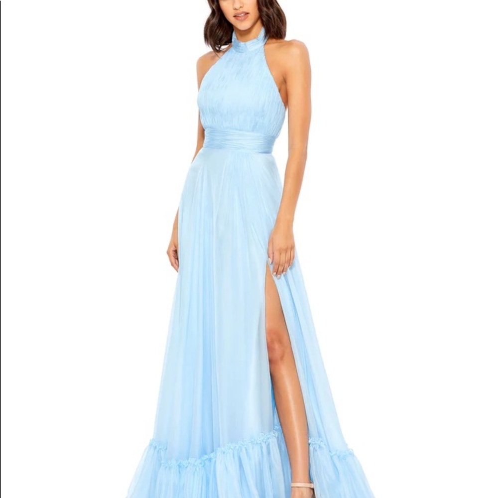 High neck tiered chiffon halter gown in light blue by Mac Duggal